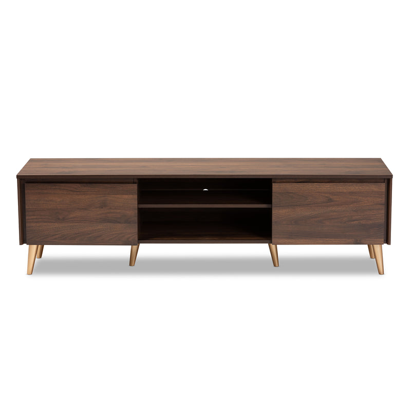 Landen Mid-Century Modern TV Stand Walnut Brown with Gold Accents for Stylish Living Room Storage and Entertainment Display