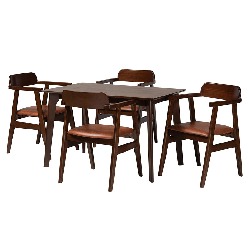 Cleo Dining Set Mid-Century Modern Light Brown Fabric and Dark Brown Finished Wood 5-Piece