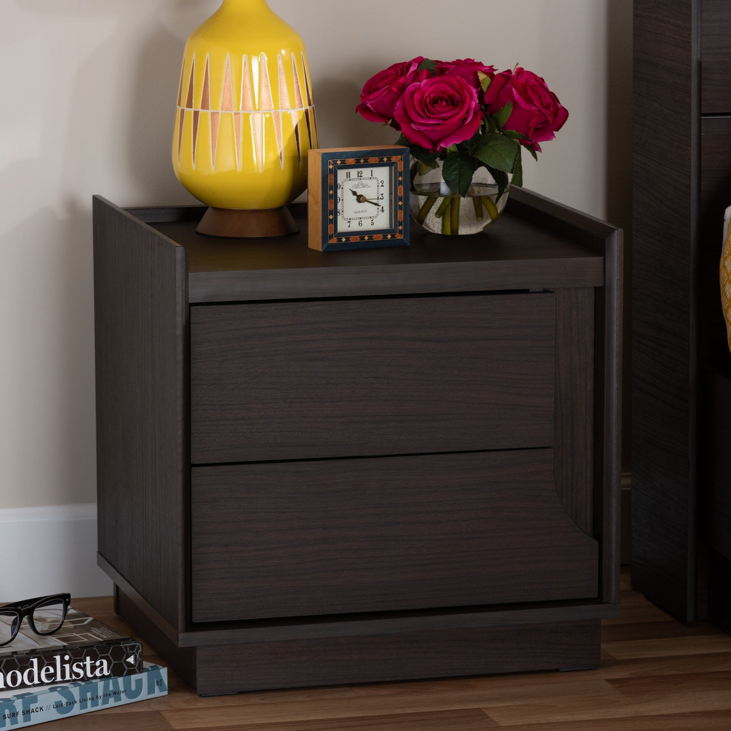 Larsine Modern Nightstand with 2 Drawers in Brown Finish for Bedroom Storage