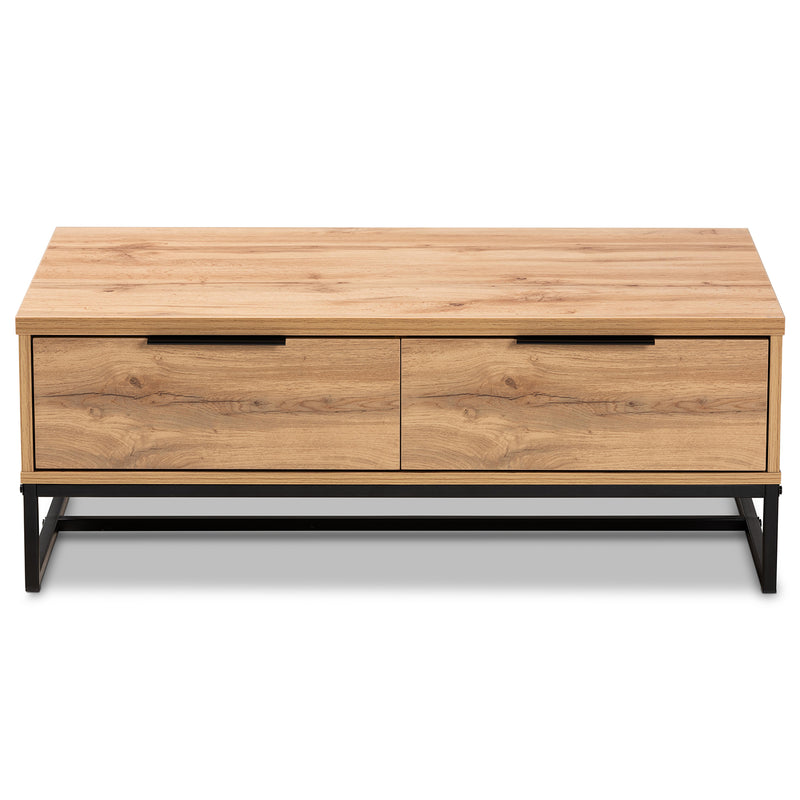 Franklin Coffee Table - Modern Contemporary Design with Oak Brown Wood and Black Metal, Featuring 2 Storage Drawers