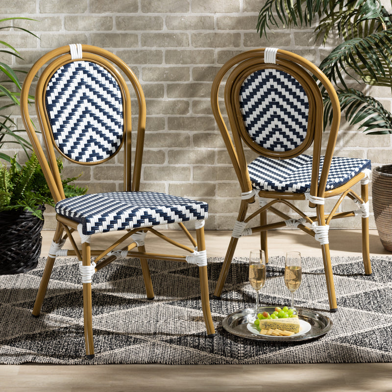 Alaire Outdoor Dining Chair Set Classic French Black and White Weaving and Dark Brown Metal 2-Piece