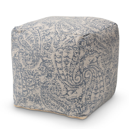 Juvita Pouf Ottoman Modern and Contemporary Grey and Blue Handwoven Cotton Paisley