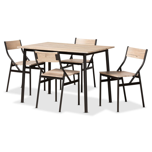 Carmen 5-Piece Dining Set in Modern Contemporary Style with Oak Brown Wood and Dark Brown Metal Accents