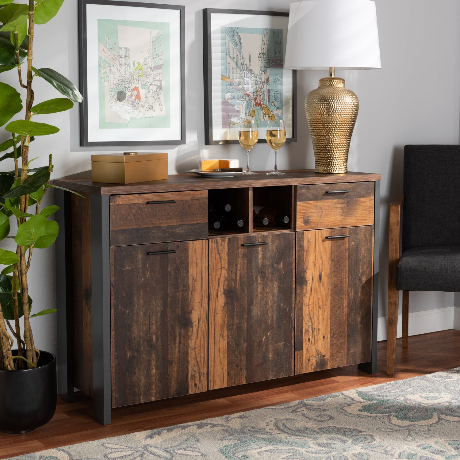 Ranger Sideboard Mid-Century Modern Rustic Brown Wood and Grey Metal 2-Door Buffet for Dining Room Storage and Display