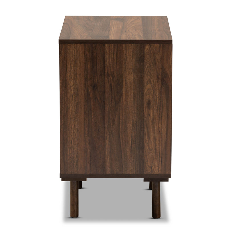 Meike Mid-Century Modern Nightstand - Two-Tone Walnut Brown and White Wood with 3 Drawers for Stylish Bedroom Storage