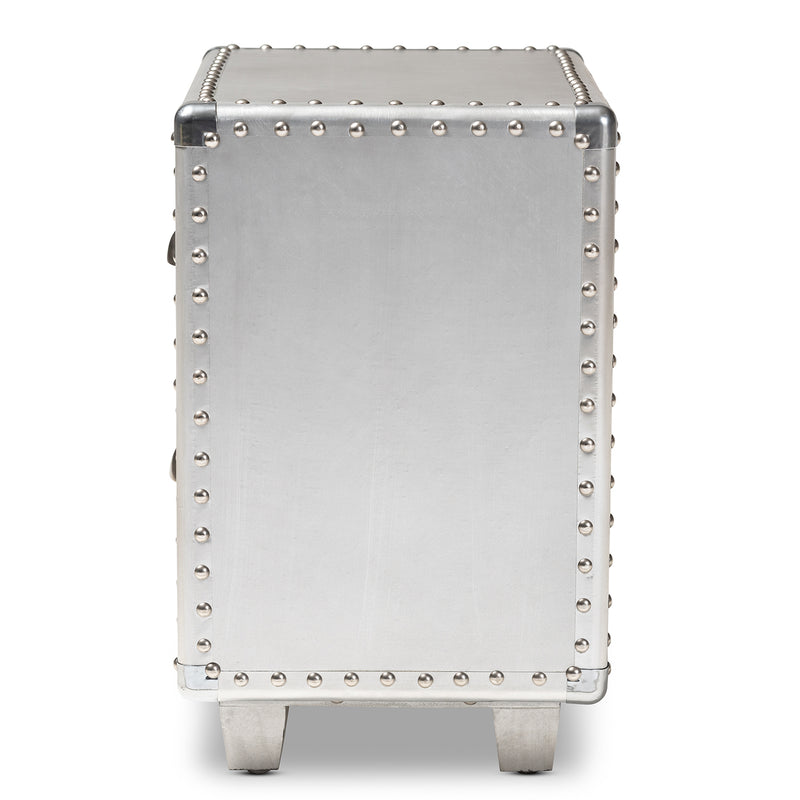 Davet Industrial End Table French Silver Metal 2-Drawer Nightstand for Living Room or Bedroom