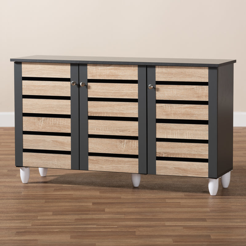 Gisela Shoe Storage Cabinet Modern and Contemporary Two-Tone Oak and Dark Gray 3-Door