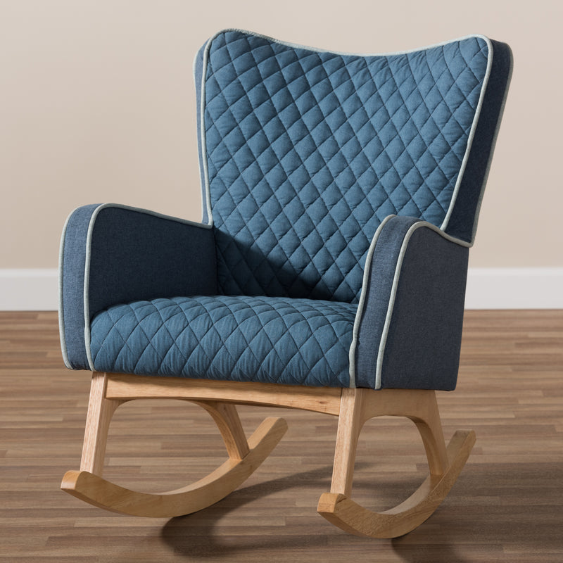 Zoelle Rocking Chair Mid-Century Modern Blue Fabric Upholstery with Natural Finish