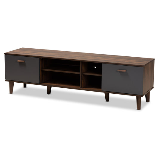 Moina TV Stand Mid-Century Modern Two-Tone Walnut Brown and Grey Wood Entertainment Center for Living Room