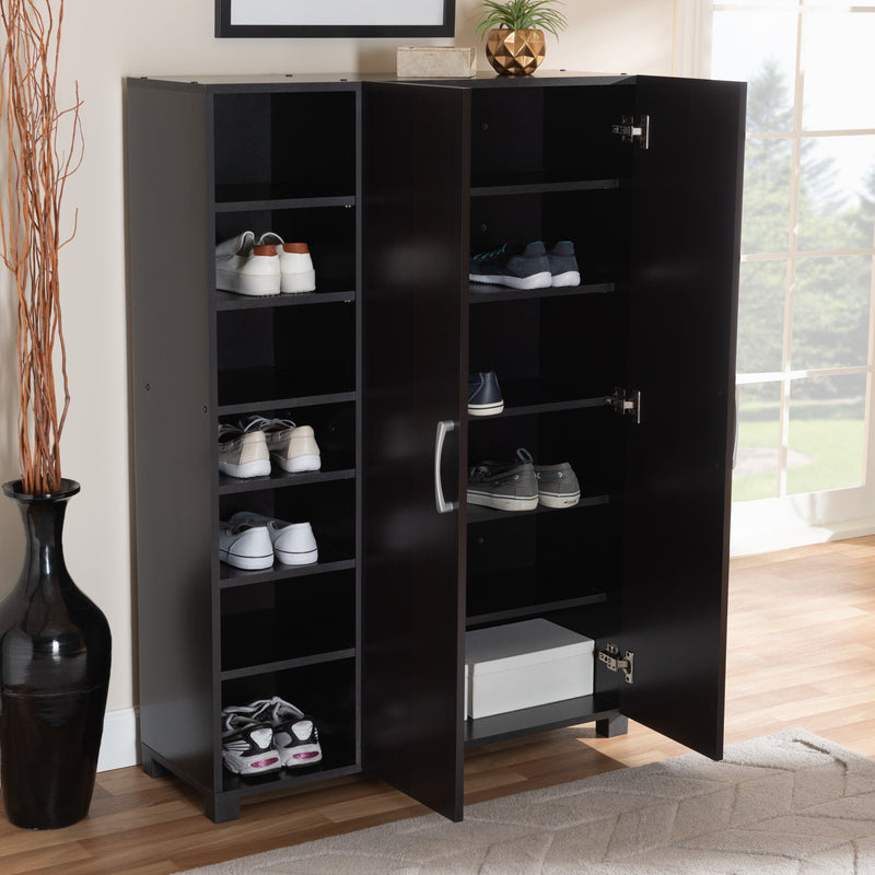 Marine Shoe Storage Cabinet Modern Two-Tone Wenge and Black 2-Door Wood Entryway Organizer with Open Shelves for Shoes and Accessories