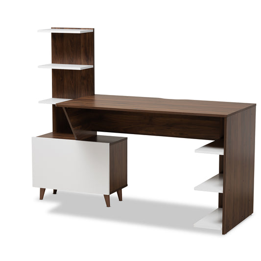 Tobias Mid-Century Modern Computer Desk - Two-Tone White and Walnut Wood with Shelves for Stylish Storage and Organization