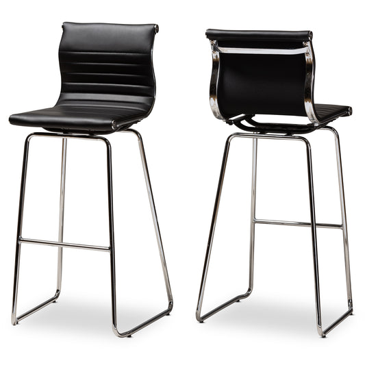 Giorgio Bar Stool Set Modern Black Faux Leather Upholstered Chrome-Finished Steel Frame for Stylish Dining