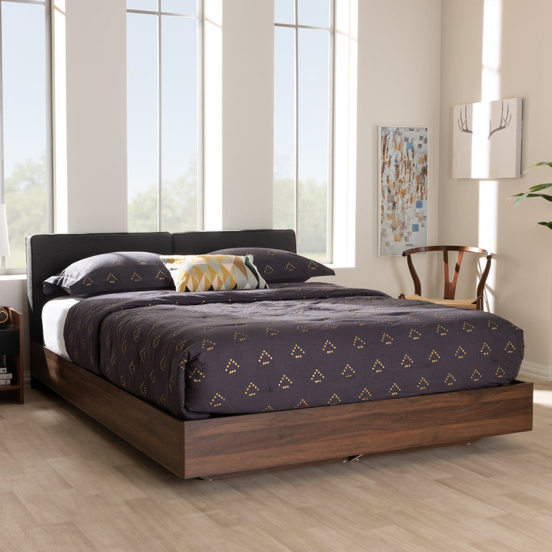 Iselin Queen-Sized Storage Platform Bed - Mid-Century Modern with Brown Finish and Dark Grey Fabric Upholstery