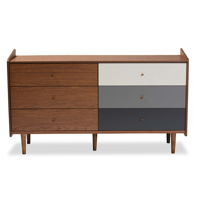 Halden Mid-Century Modern 6-Drawer Dresser in Multicolor Walnut Brown and Grey, Stylish Storage for Bedroom or Living Room