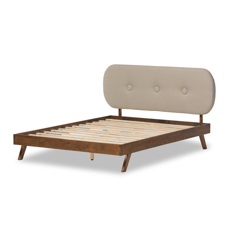 Penelope Queen Size Platform Bed - Mid-Century Modern Solid Walnut Frame with Light Beige Fabric Upholstery