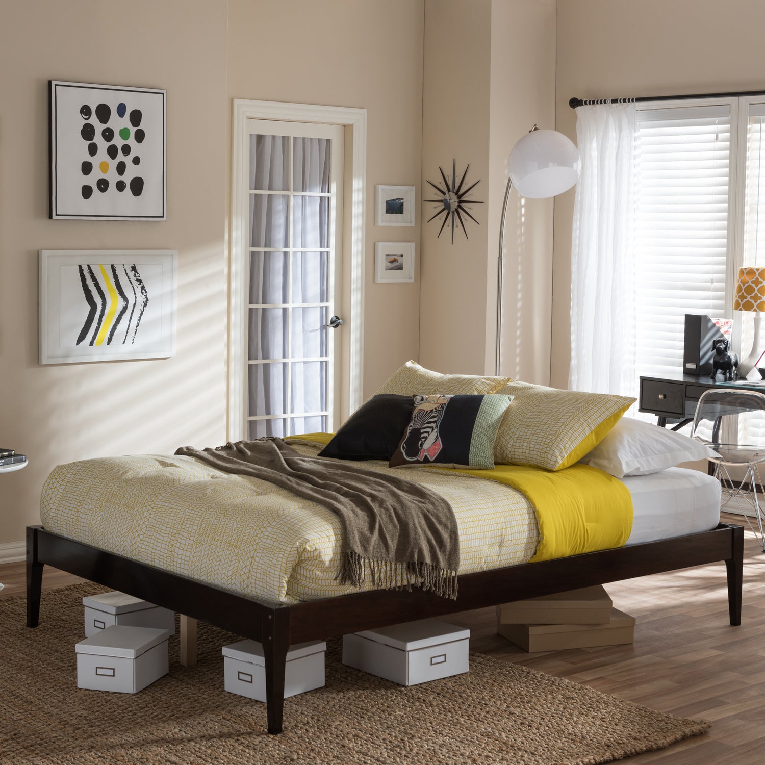 Bentley Queen Size Bed Frame in Cappuccino Finish, Mid-Century Modern Design with Solid Wood Construction for Stylish Bedroom Decor