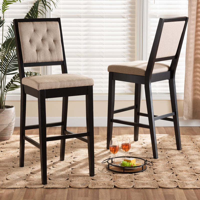 Gideon Bar Stool Set Modern and Contemporary Grey Fabric Upholstered Walnut Brown Finished Wood 2-Piece