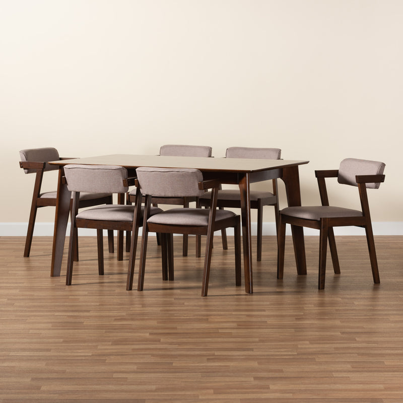 Althea 7-Piece Dining Set in Mid-Century Modern Style with Warm Grey Fabric and Dark Brown Wood Finish