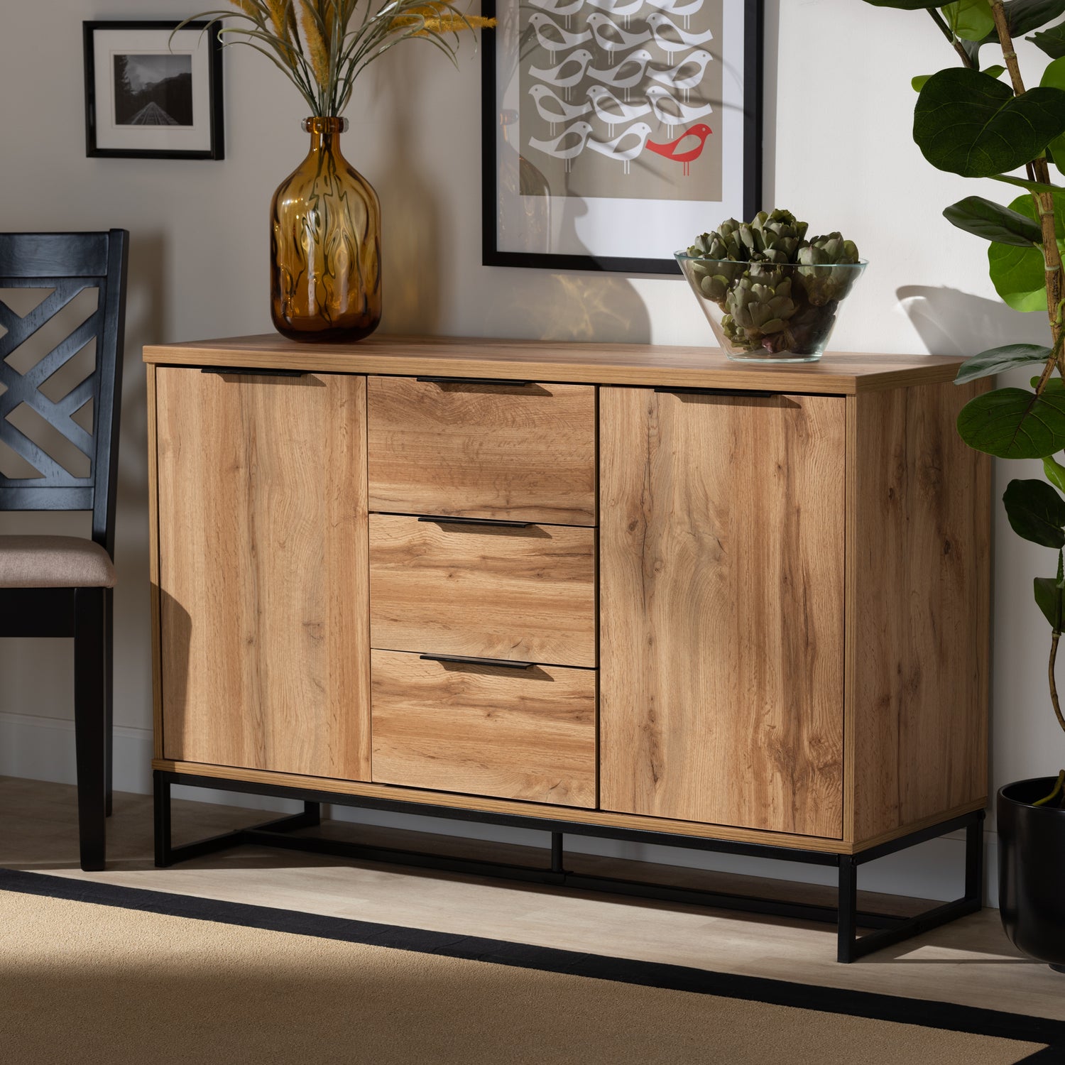 Reid Sideboard Buffet - Modern Industrial Design with Oak Finished Wood and Black Metal, Featuring 3 Drawers for Ample Storage