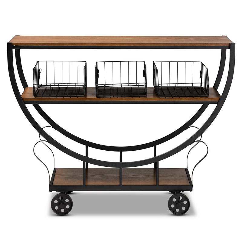 Frieda Console Cart Rustic Industrial Farmhouse Design with Walnut Brown Wood and Black Metal Accents