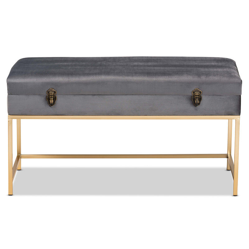 Aliana Ottoman Grey Velvet Fabric Upholstered with Gold Finished Metal Large Storage