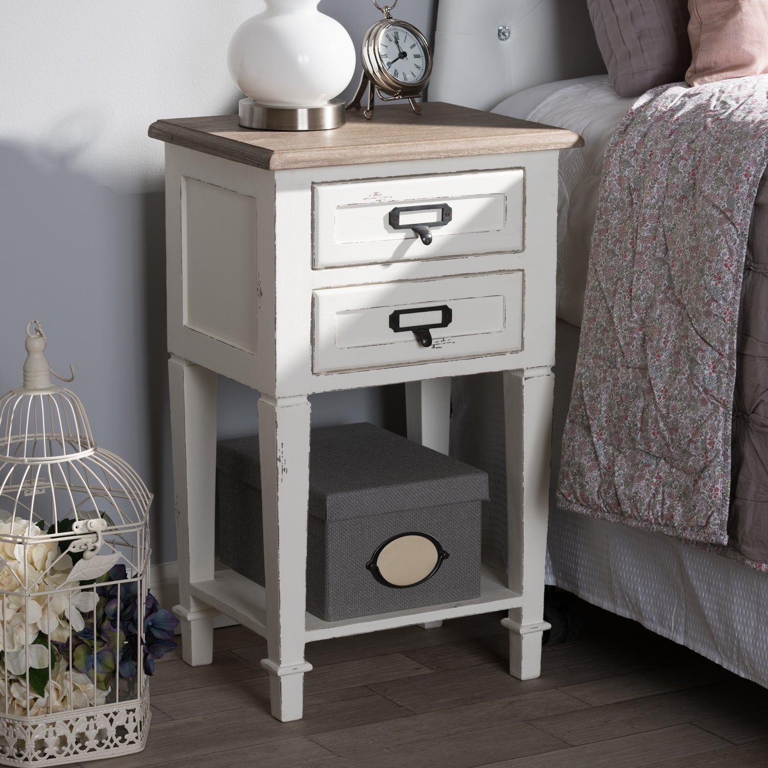 Dauphine Nightstand in Provincial Style with Weathered Oak and White Wash Finish