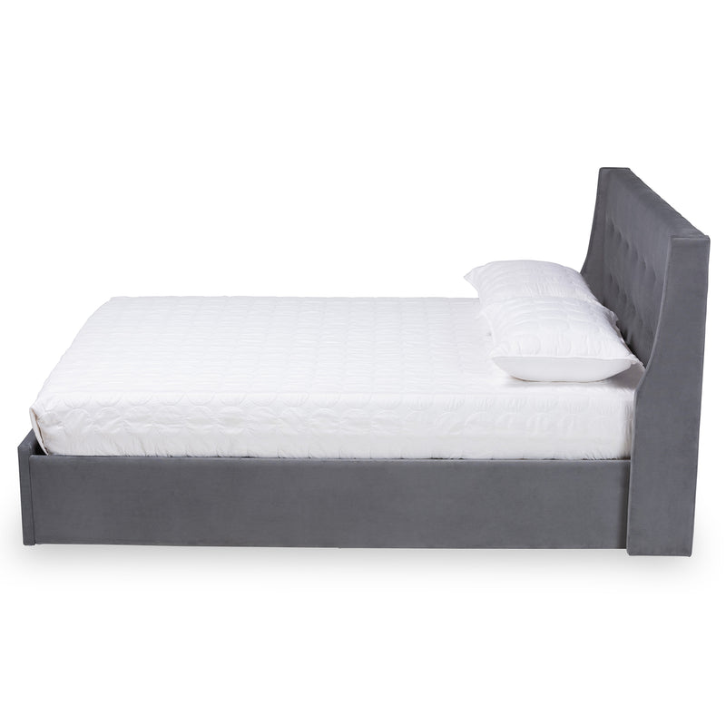 Noella Queen Size Platform Storage Bed - Modern Grey Velvet Upholstered Design with 1 Drawer for Extra Storage