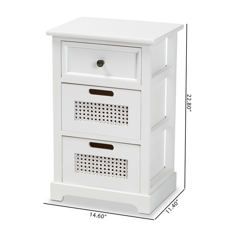 Pratt Modern End Table with 3 Drawers, White Wood and Rattan Design for Living Room or Bedroom Storage