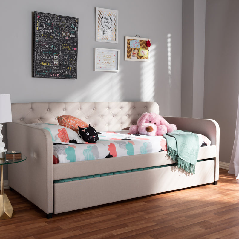 Camelia Sofa Daybed - Modern and Contemporary Beige Fabric Upholstered Button-Tufted with Roll-Out Trundle Guest Bed