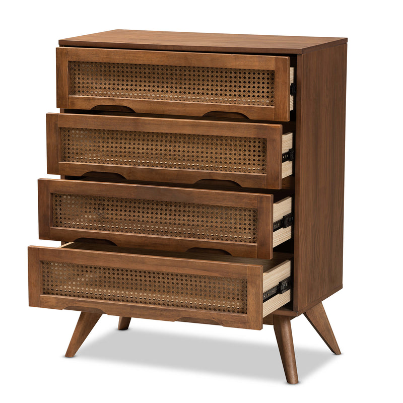 Barrett Mid-Century Modern 4-Drawer Chest in Walnut Brown Wood and Synthetic Rattan for Stylish Storage Solutions