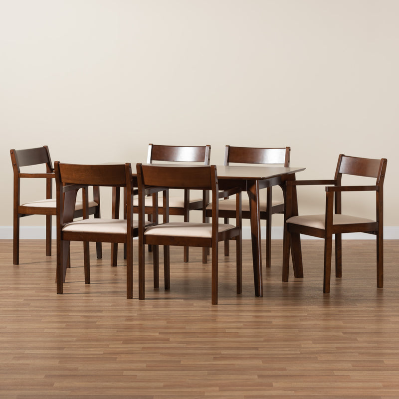 Helene Mid-Century Modern Dining Set 7-Piece Cream Fabric and Dark Brown Finished Wood for Stylish Dining Rooms