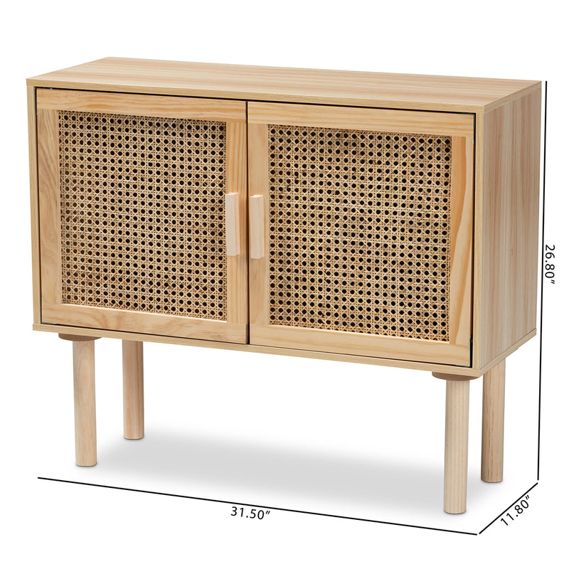 Maclean Mid-Century Modern Sideboard Buffet with Rattan and Natural Brown Wood, Stylish Storage for Dining or Living Room