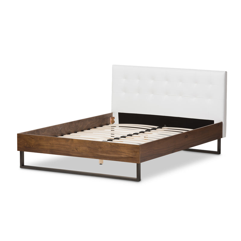 Mitchell Platform Bed - Rustic Industrial Walnut Wood with White Faux Leather and Dark Bronze Metal