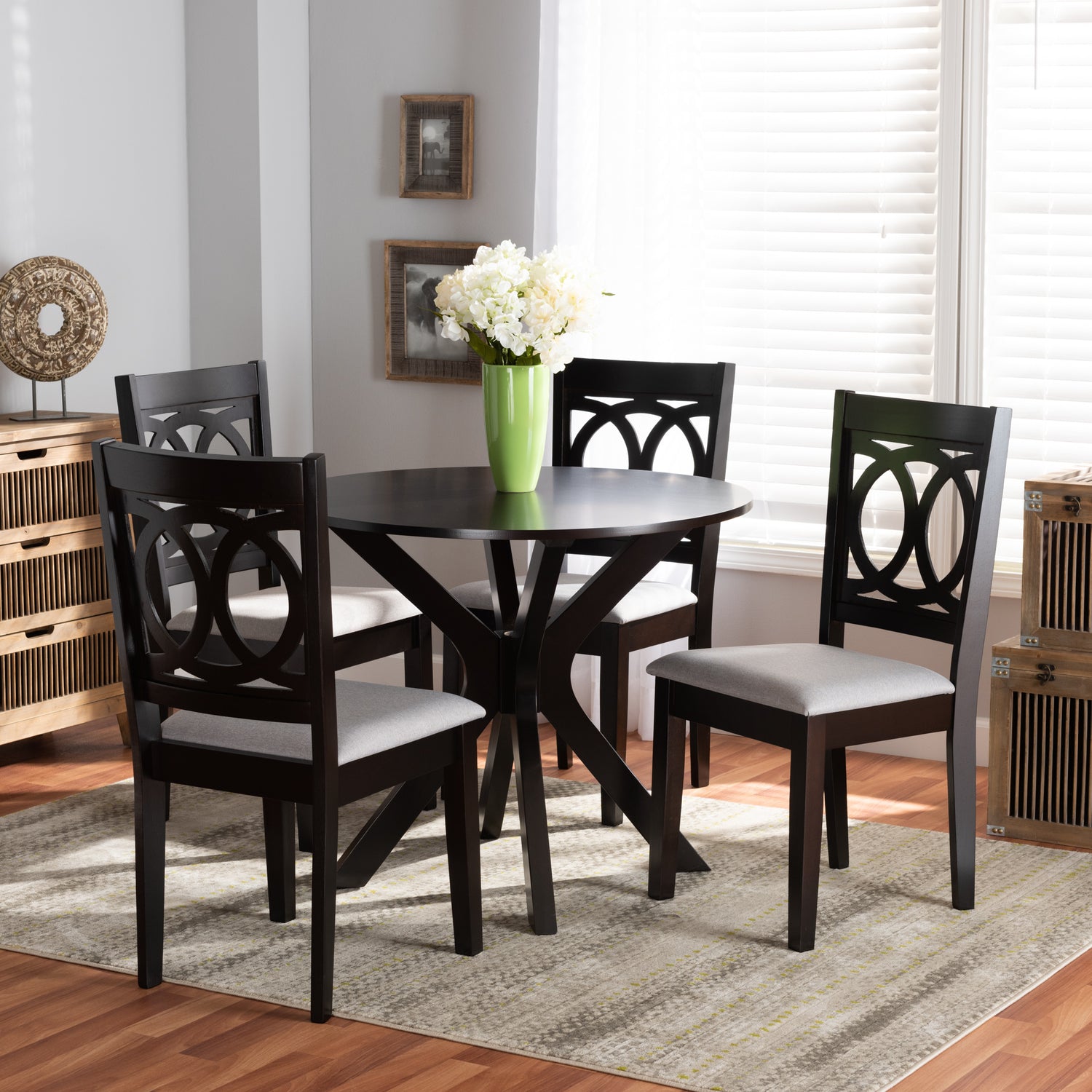 Sanne Dining Set Modern Contemporary Grey Fabric Upholstered Dark Brown Finished Wood 5-Piece