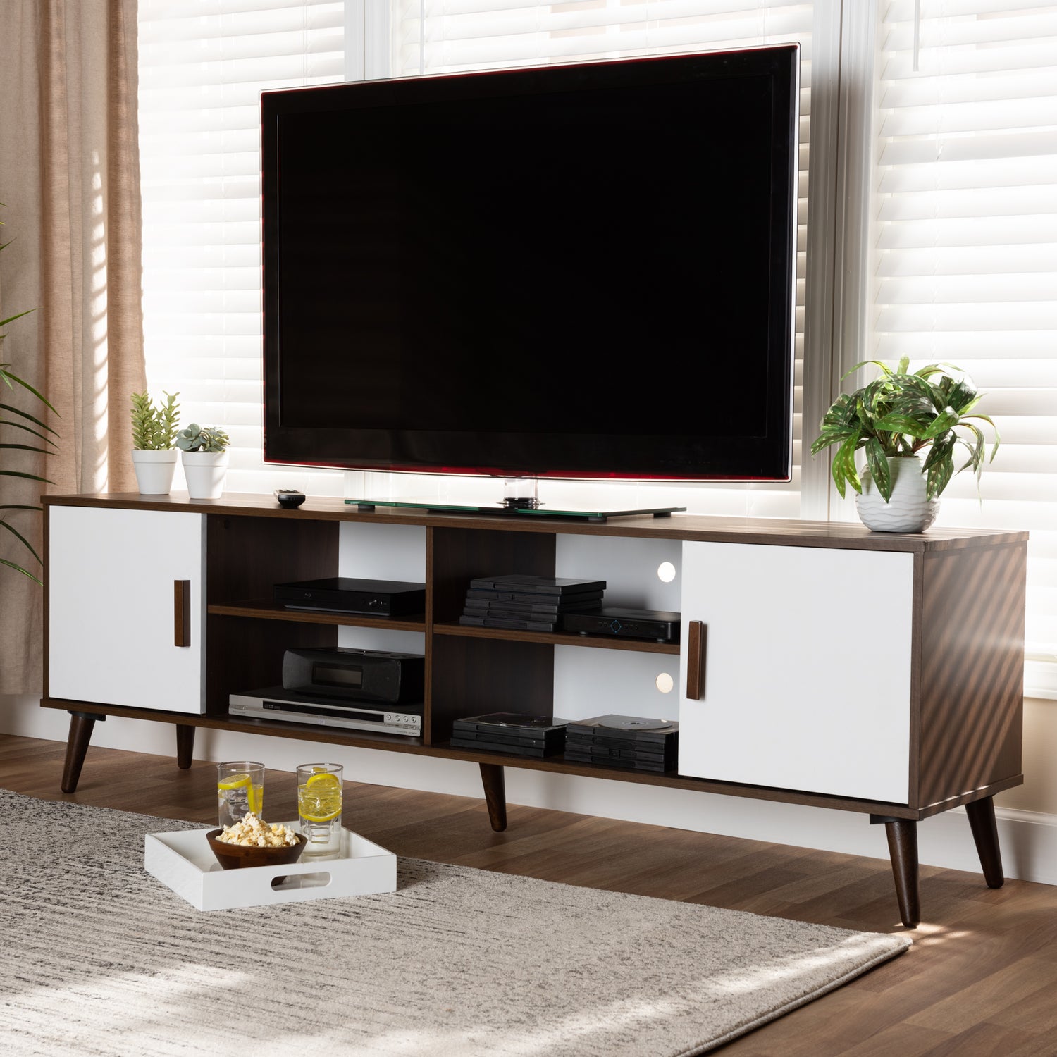 Quinn Mid-Century Modern TV Stand Two-Tone White and Walnut Finished 2-Door Wood Entertainment Center for Living Room