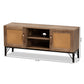 Veanna TV Stand Bohemian Natural Brown Wood and Black Metal 2-Door Design with Synthetic Rattan Accents for Stylish Living Room Storage