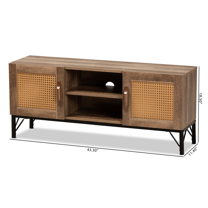 Veanna TV Stand Bohemian Natural Brown Wood and Black Metal 2-Door Design with Synthetic Rattan Accents for Stylish Living Room Storage