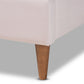 Odille Queen Size Platform Bed Modern Glam Light Pink Velvet Upholstered with Walnut Brown Wood Seashell Shaped Design