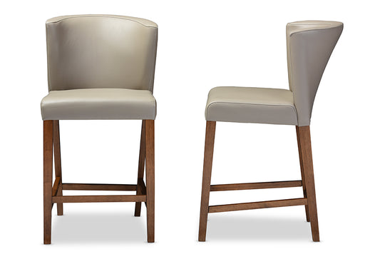 Olivia Pub Stool Set of 2 Mid-century Modern Scandinavian Dark Walnut Wood Grey Faux Leather Upholstery