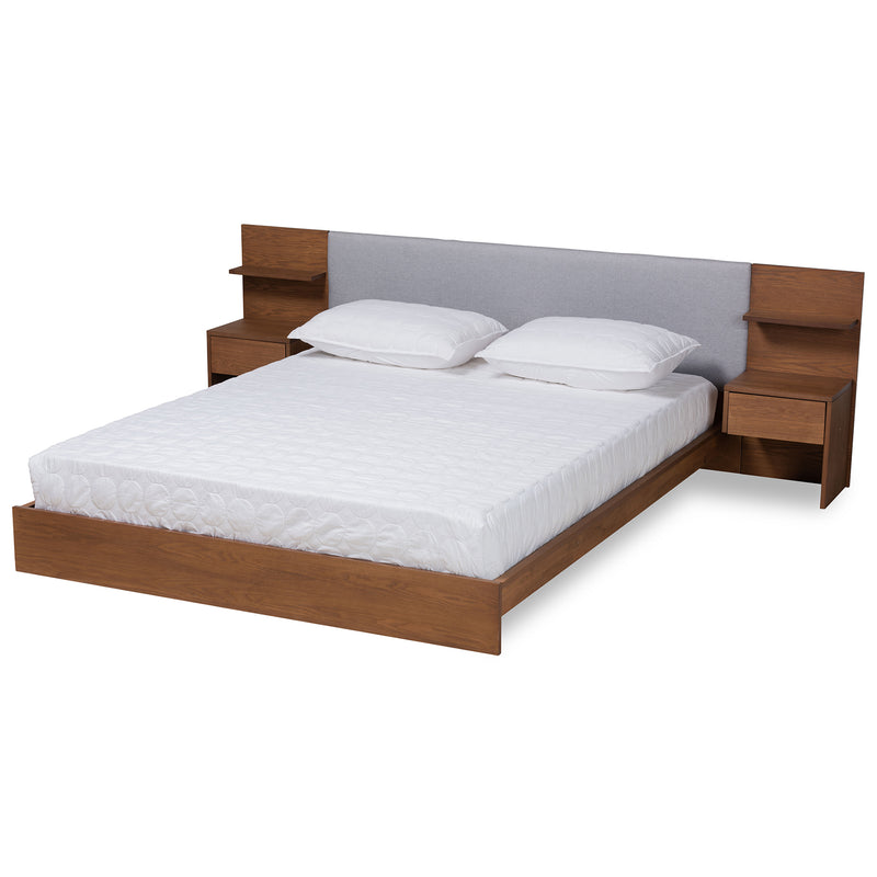 Sami Queen Size Platform Bed Modern Light Grey Fabric Upholstered with Walnut Brown Finished Wood