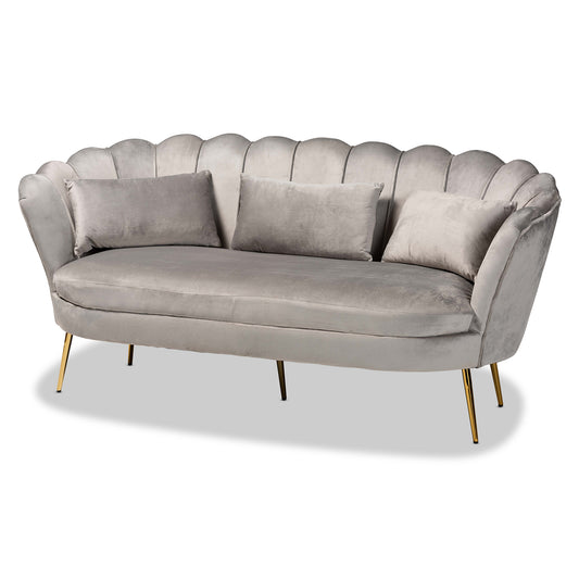 Genia Sofa: Contemporary Glam Luxe Grey Velvet Upholstered with Gold Accents