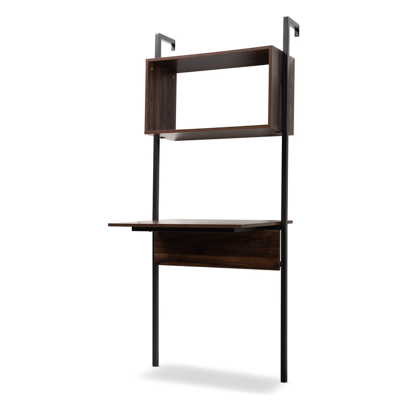 Fariat Display Shelf - Modern Industrial Walnut Brown Wood and Black Metal with Integrated Desk for Stylish Storage and Organization