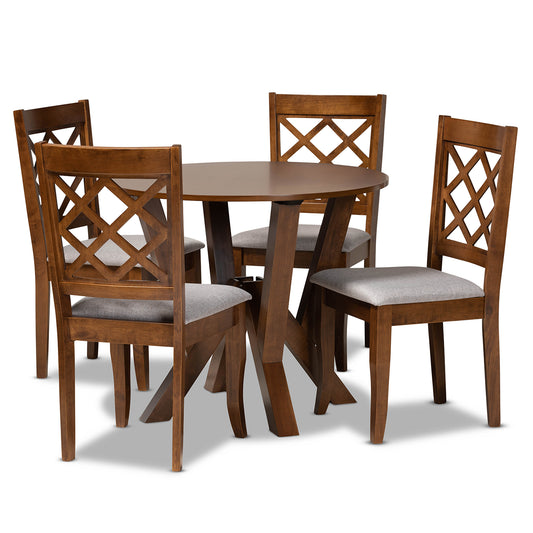 Zoe 5-Piece Dining Set Modern Grey Fabric Upholstered Chairs with Walnut Brown Finished Wood Table