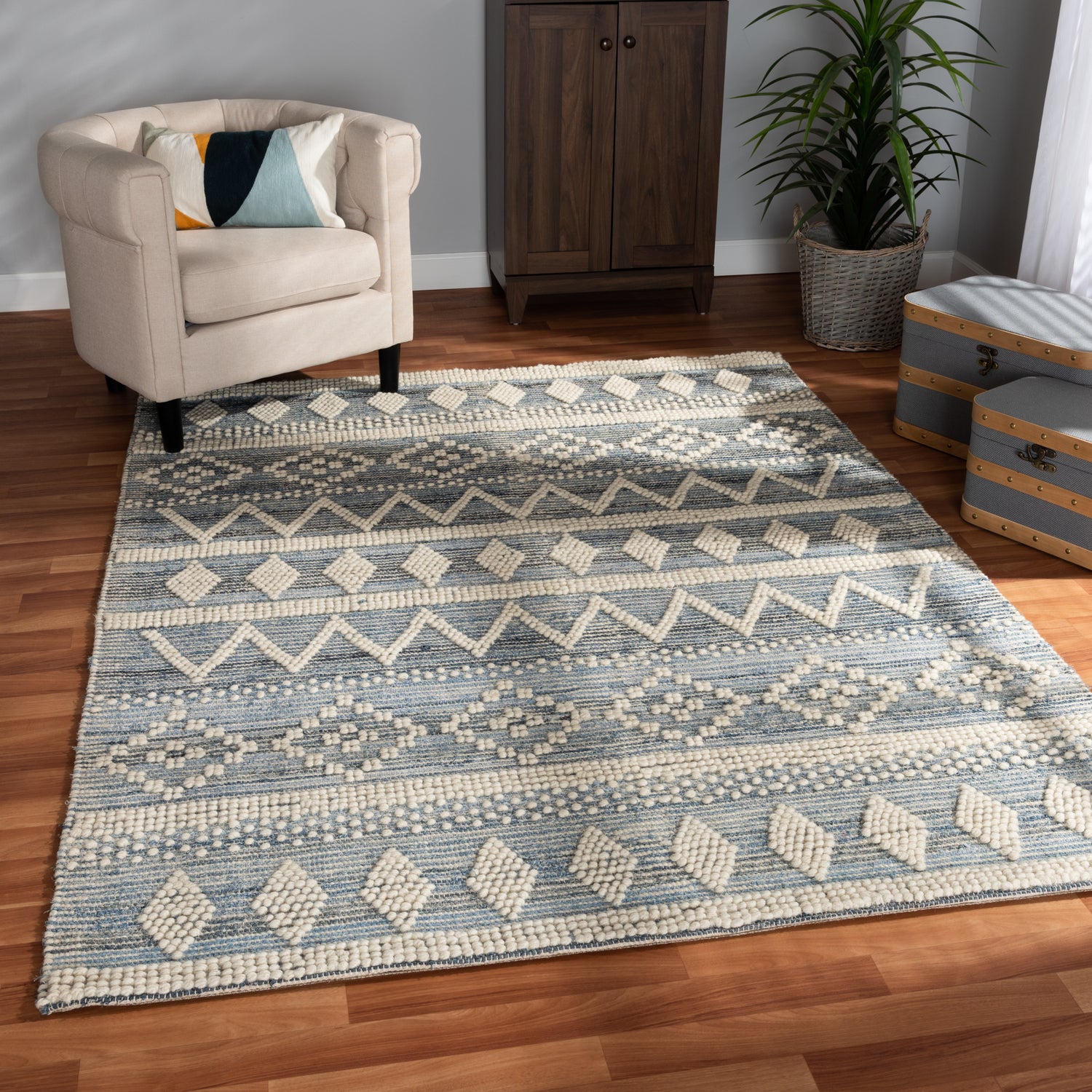 Callum Area Rug - Modern Handwoven Wool Blend in Ivory and Blue