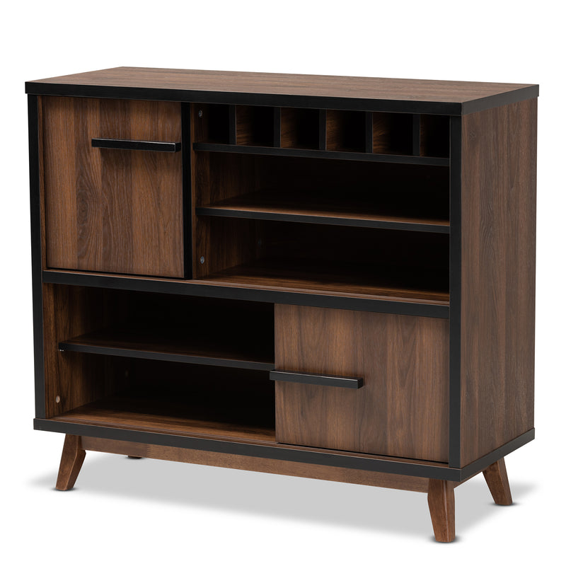 Margo Wine Storage Cabinet Mid-Century Modern Two-Tone Walnut Brown and Black Wood with Ample Storage for Bottles and Glasses