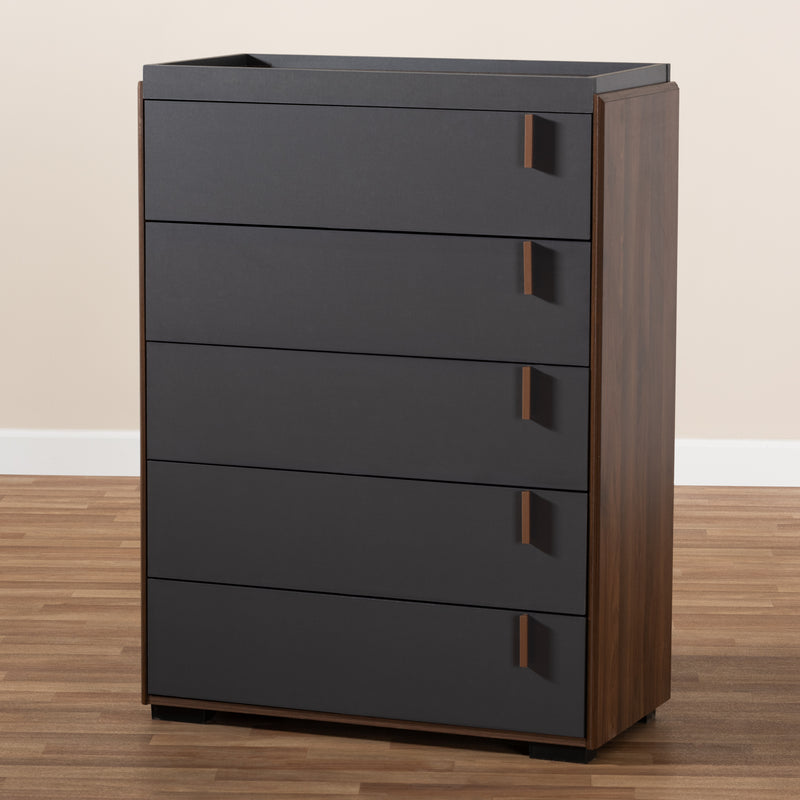 Rikke Chest - Modern 5-Drawer Storage Unit in Two-Tone Gray and Walnut Finished Wood