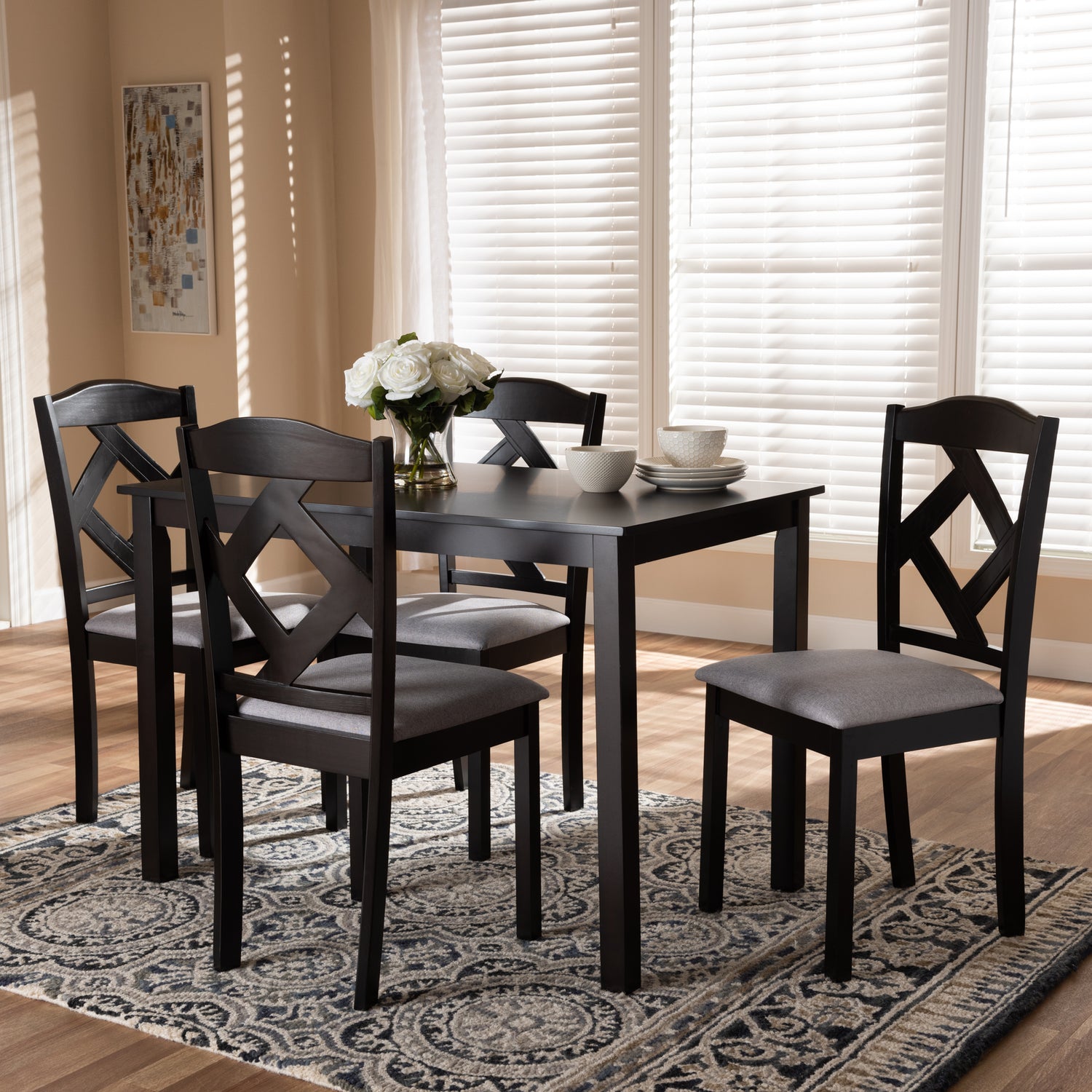 Ruth Dining Set Modern and Contemporary Espresso Brown Finished and Grey Fabric Upholstered 5-Piece