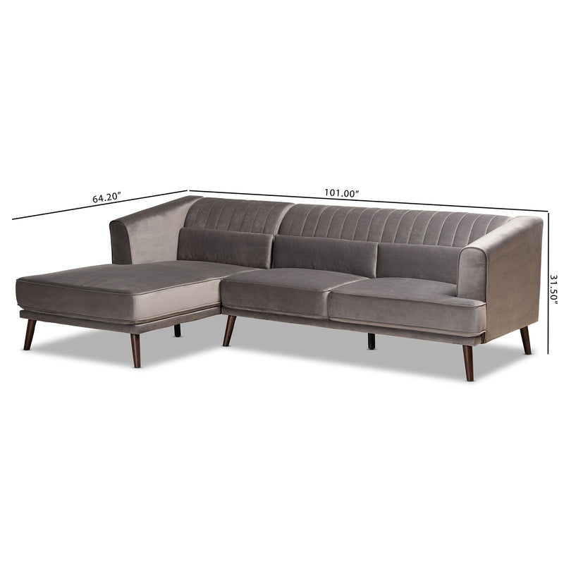 Morton Sectional Sofa Mid-Century Modern Contemporary Grey Velvet Fabric Upholstered Dark Brown Finished Wood with Left Facing Chaise