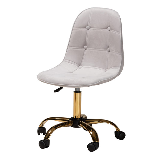 Kabira Office Chair Contemporary Glam and Luxe Grey Velvet Fabric with Gold Metal Swivel