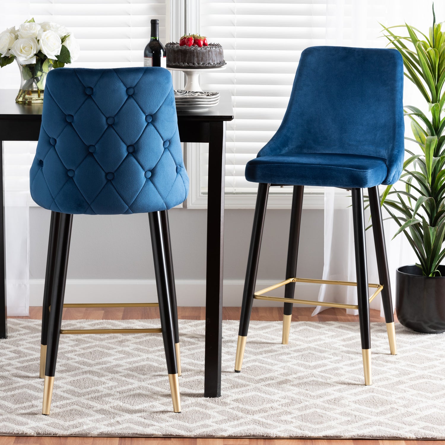 Giada Bar Stool Set - Contemporary Glam Design with Navy Blue Velvet and Dark Brown Wood - 2-Piece Collection